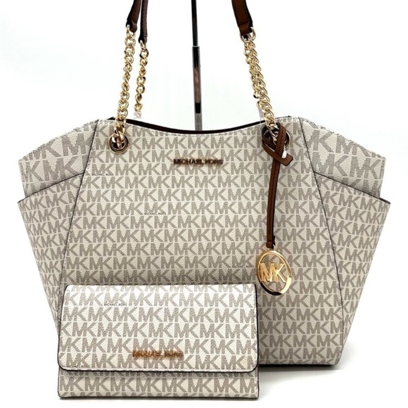 Michael Kors Large Jet Set Travel Chain Shoulder Bag & Trifold Wallet Vanilla - Picture 2 of 14